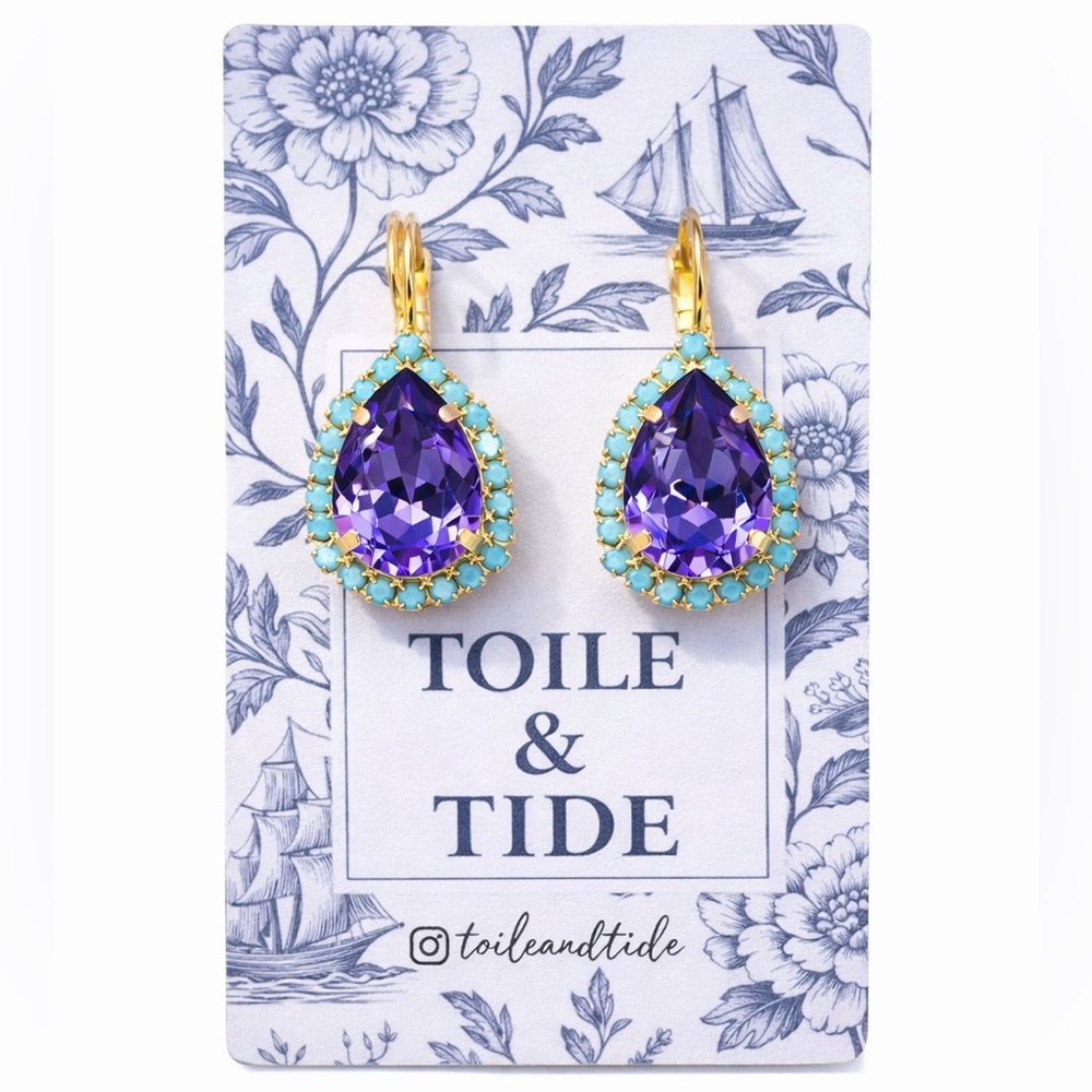 Purple Crystal Teardrop Earrings Gold Turquoise Accent |Earrings Toile & Tide